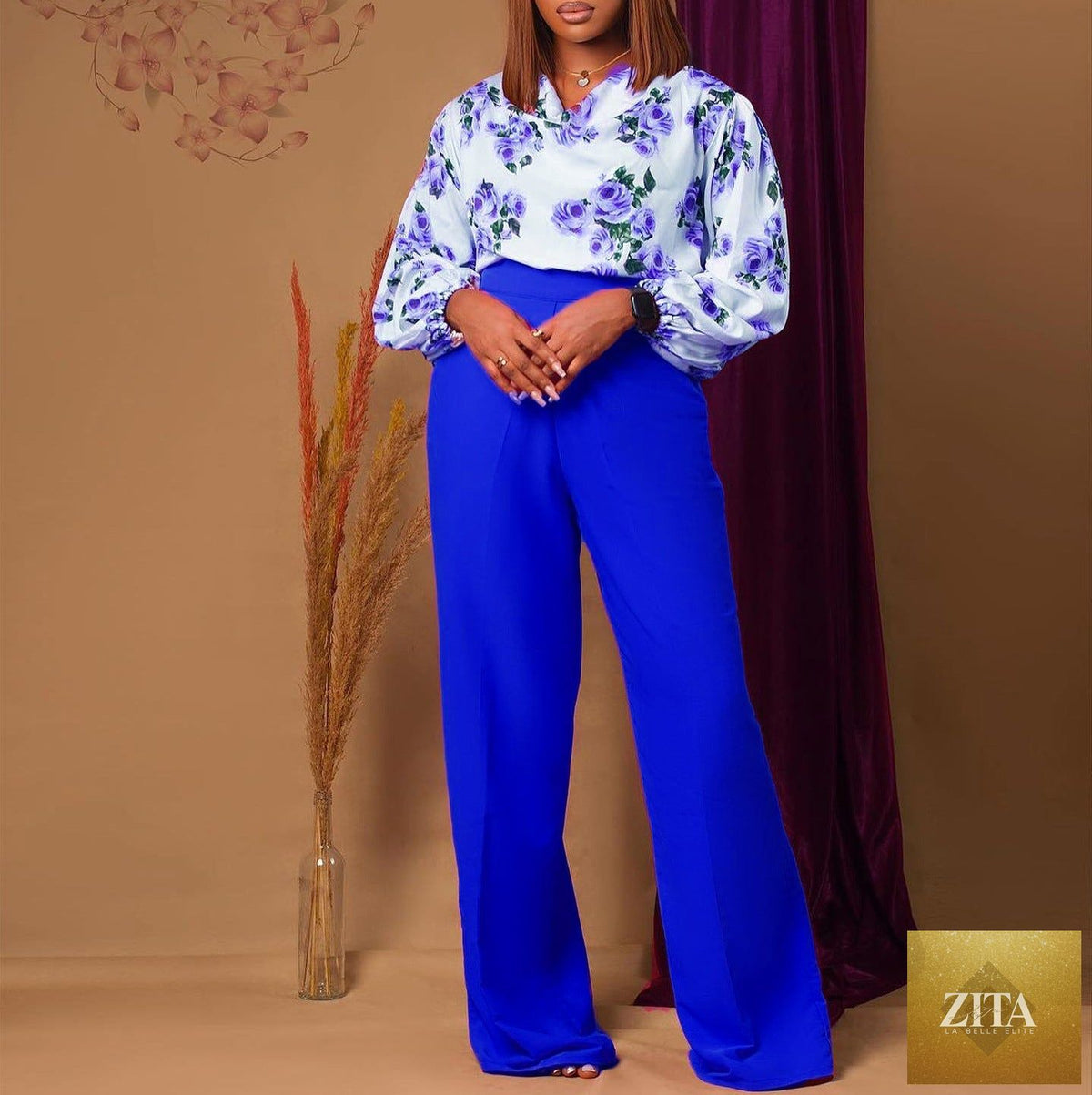 Zita La Belle Elite floral lace-up top and wide-leg pants set in four colors, featuring a casual, stylish design for women.