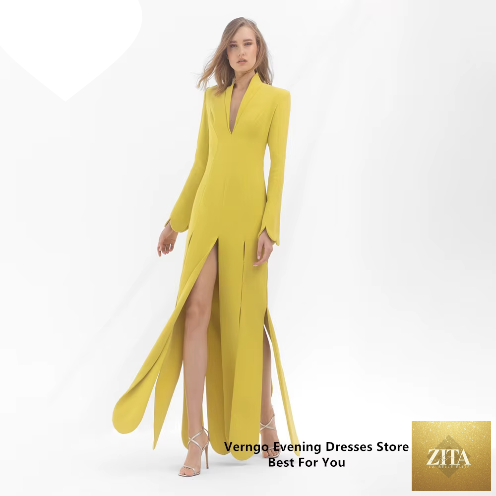 Yellow satin long sleeve formal gown with V-neck and split A-line design by SMinvite, LLC, shown on a dress form.