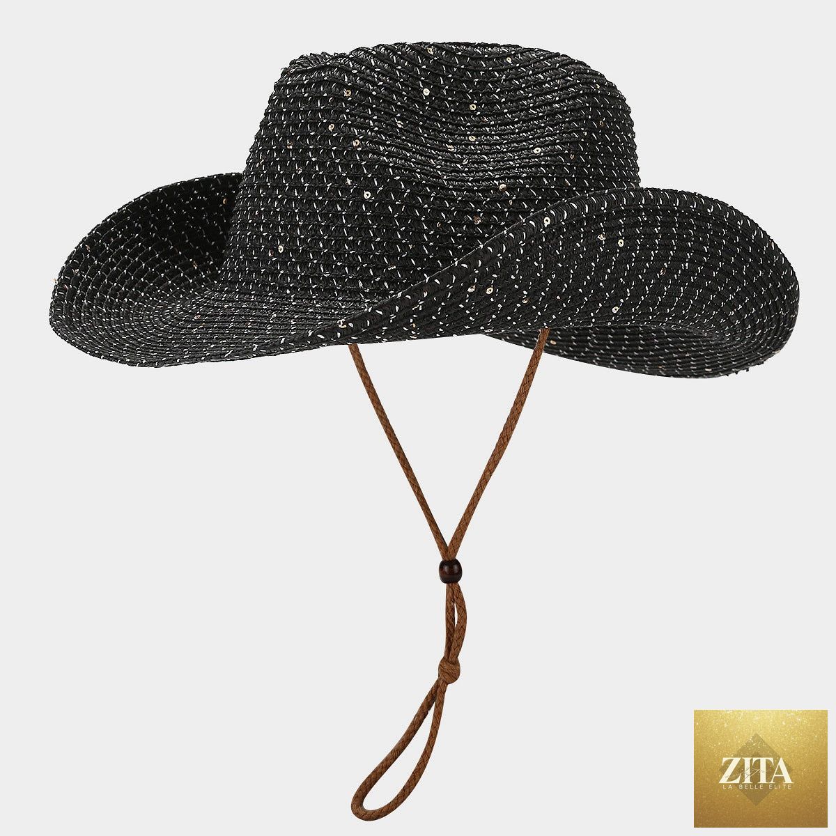 Women's Panama straw woven sun hat by Zita La Belle Elite with windproof design and sequin details, perfect for beach outings.