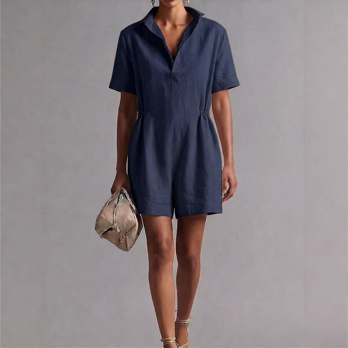 Women's Casual Lapel-Neck Three-Quarter Sleeve Split Jumpsuit
