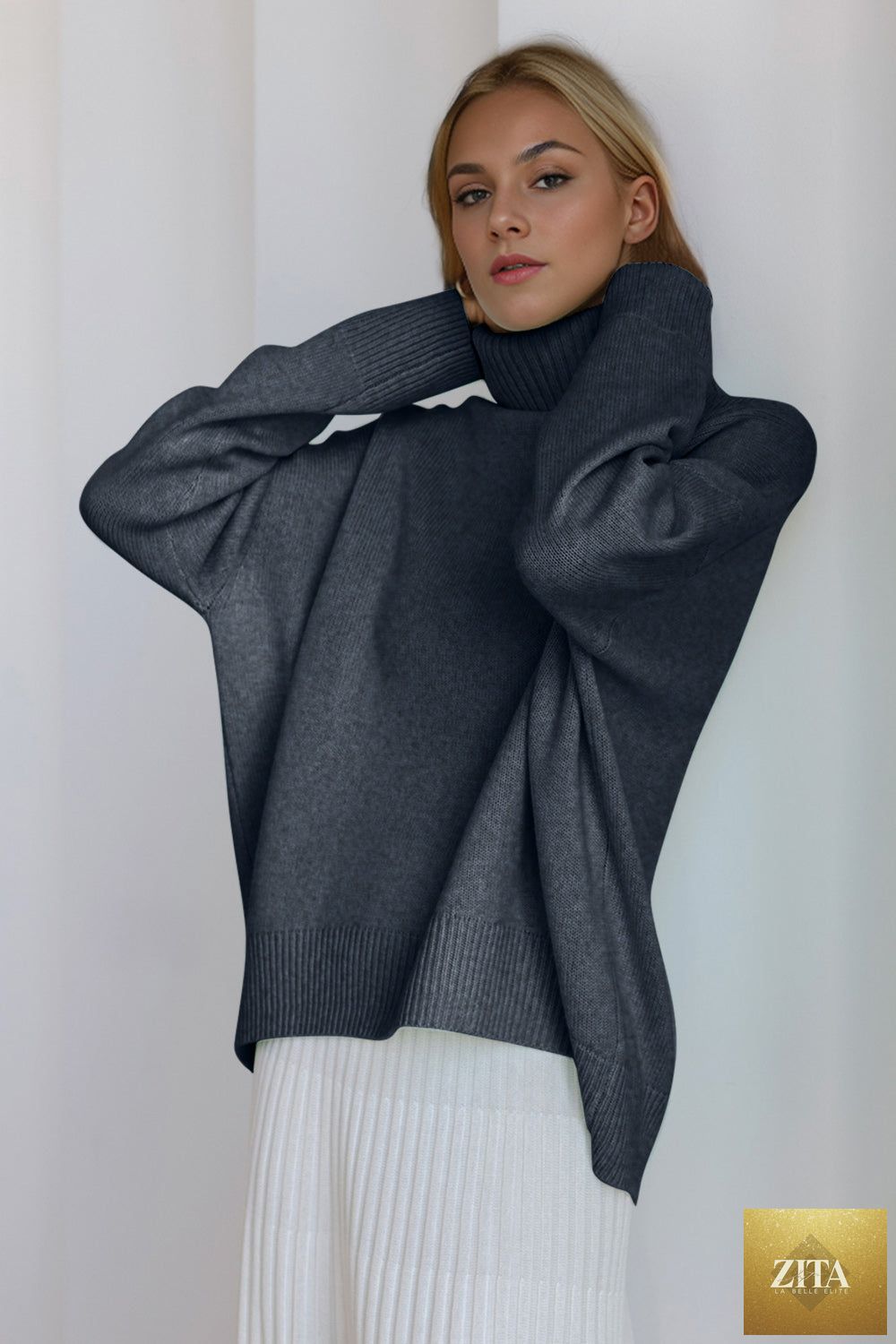 ShopBasicbae basic Bae turtleneck sweater with dropped shoulders, long sleeves, and a cozy knit fabric in a neutral color.