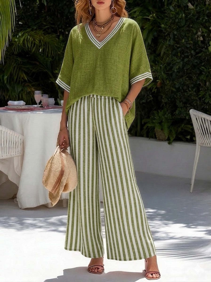 Women's striped tunic top and casual trousers two-piece set by FitiqueFit, featuring a relaxed fit and comfortable fabric.