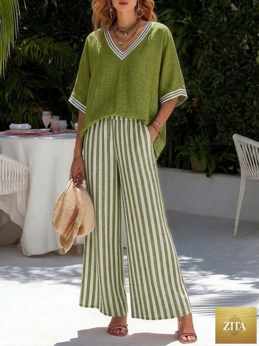 Women’s striped tunic top and casual trousers two-piece set by Zita La Belle Elite, featuring a relaxed fit and comfortable fabric.