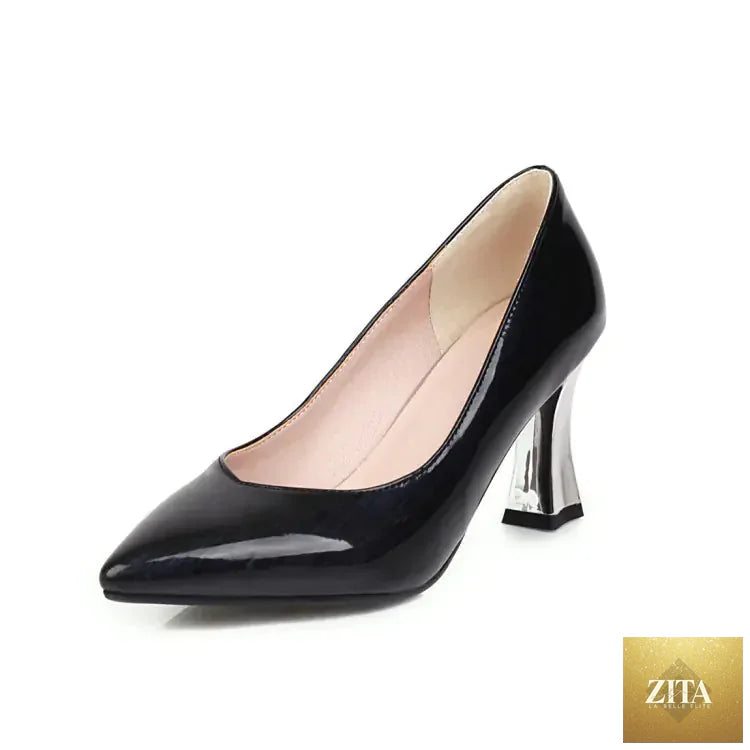 Pointed toe chunky heel shoes for women in black leather, stylish and elegant, from Trendy Attic Store01.