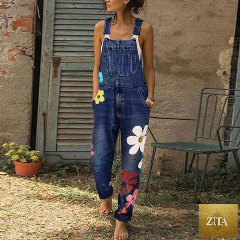 Women's printed ripped high-waist denim pants with straight-leg fit, loose style from FitiqueFit, shown on a model.