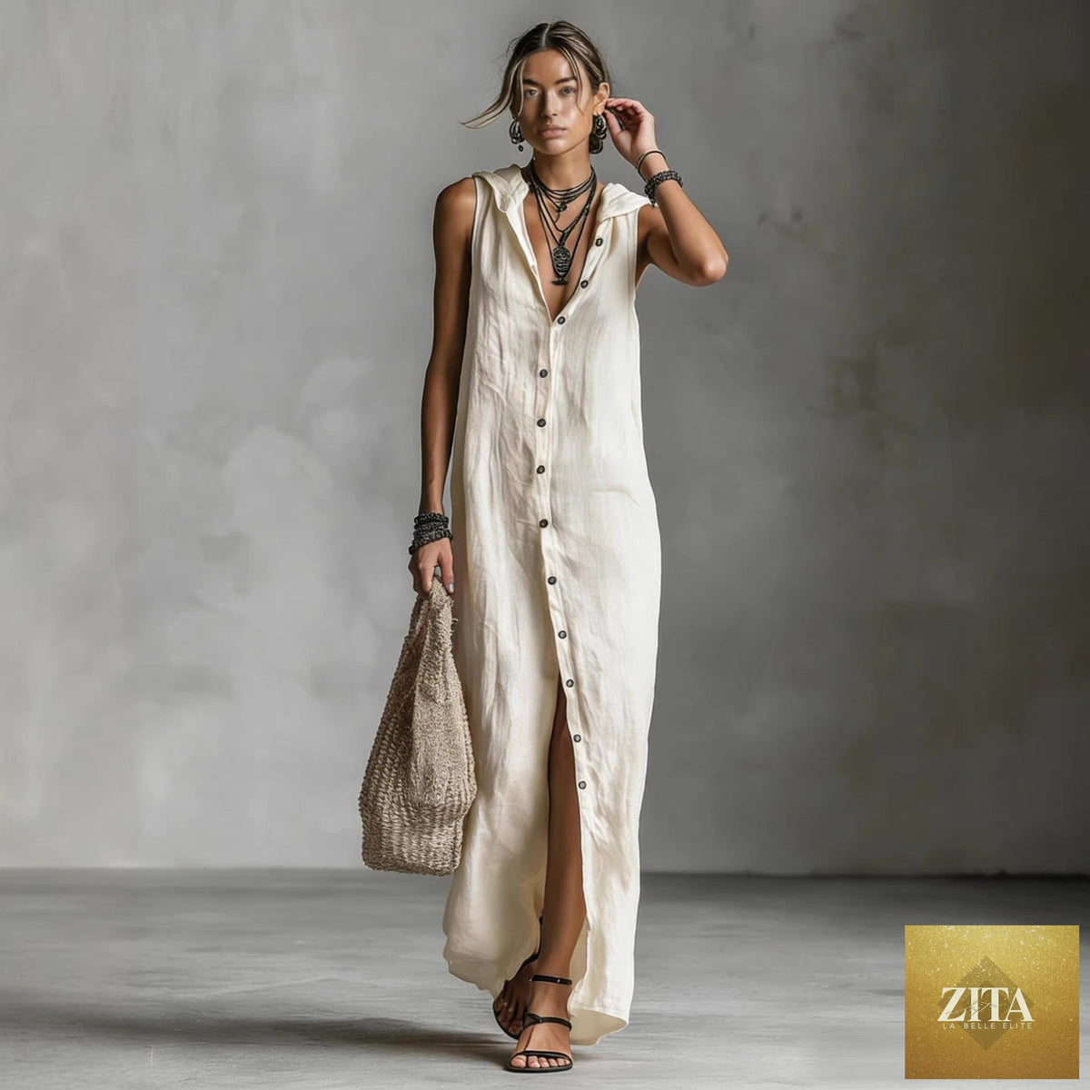 Zita La Belle Elite women's sleeveless deep V-neck hooded loose maxi dress in various colors, size XS to 3XL, flowing and stylish.