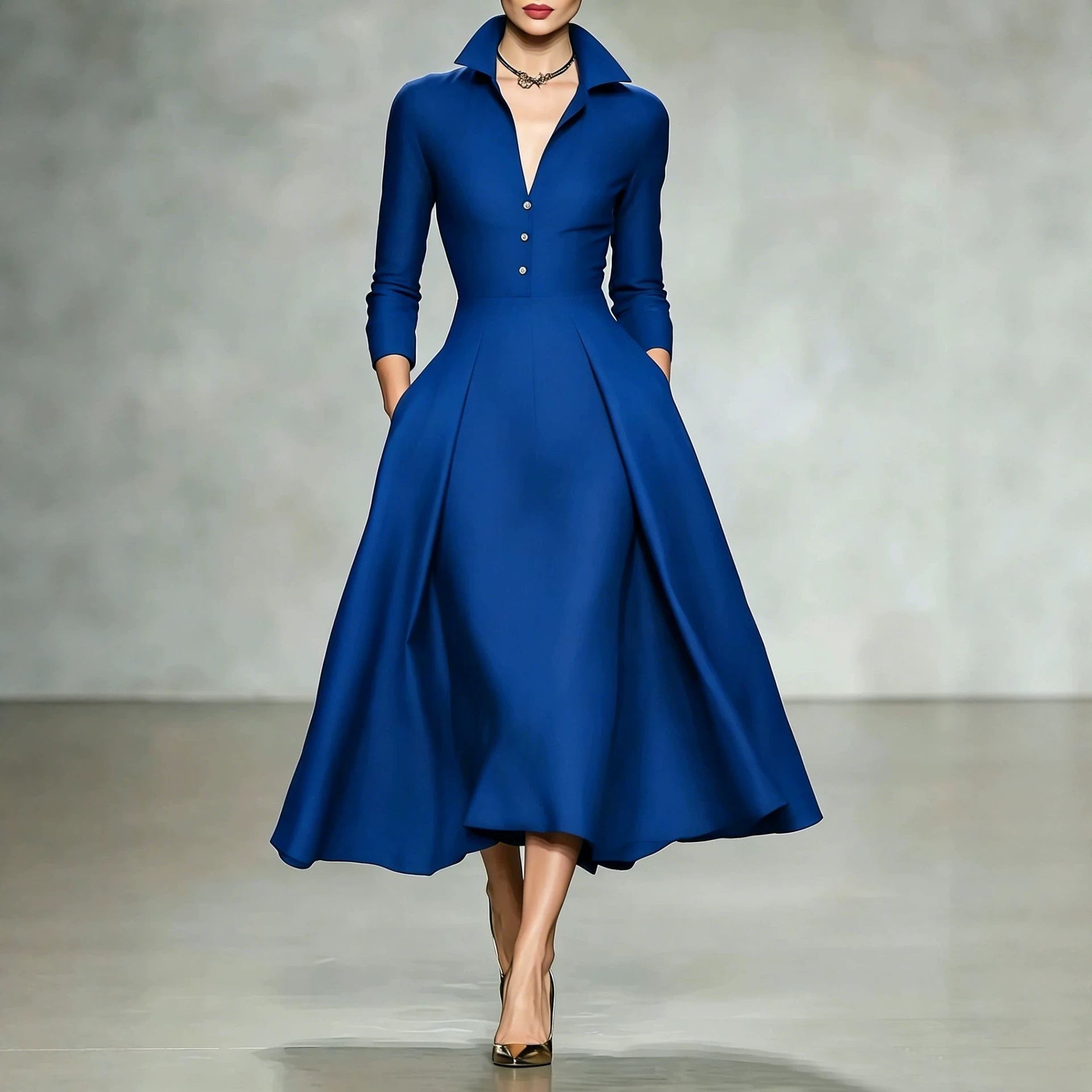 V-neck waist-cinching long sleeve midi dress by FitiqueFit, featuring a fitted silhouette and elegant design.