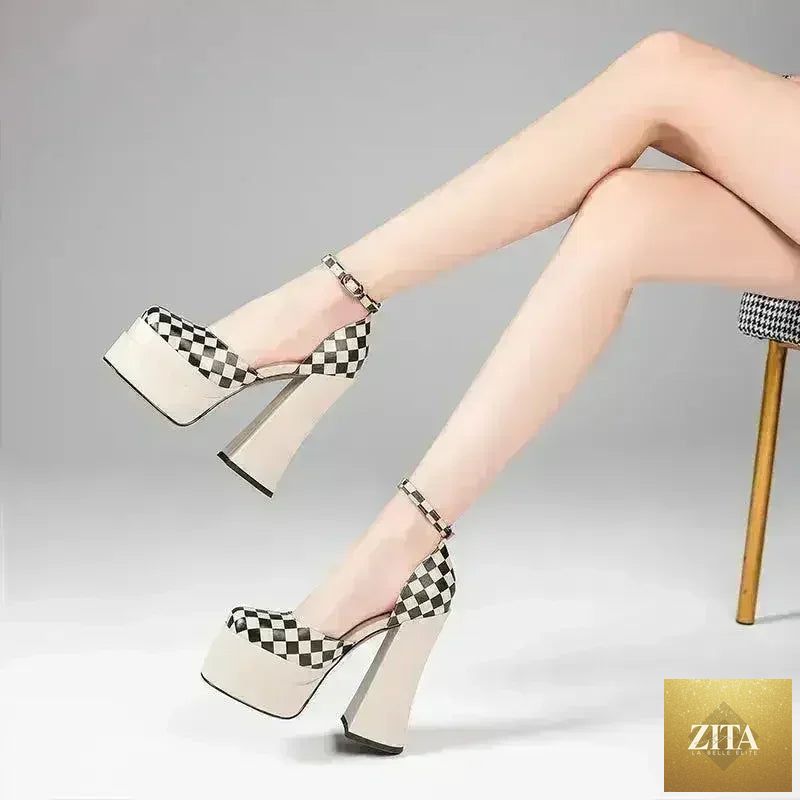Femstylo leather super heels with platform, colorblock design, chunky high heels, perfect for elegant occasions.