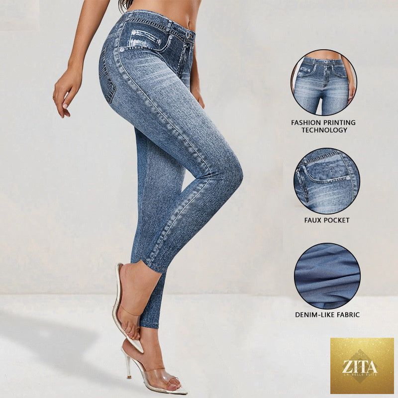 FitiqueFit retro denim-look butt-lifting yoga leggings with high elasticity, designed for fitness and comfortable movement.