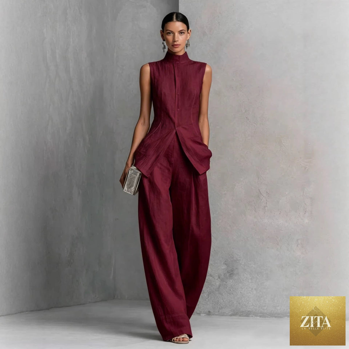 Zita La Belle Elite women's sleeveless solid color top and long pants two-piece casualwear set in four colors, size XS to XXL.