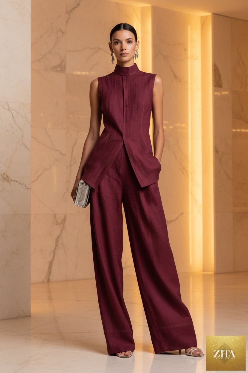 Women's MERIDGE two-piece set featuring a stand collar longline vest top and wide-leg trousers, stylish and comfortable.