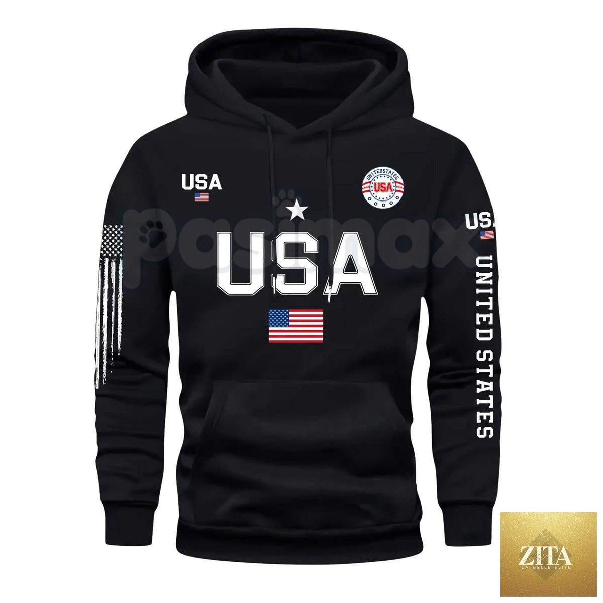Pasimax Patriot USA flag print hoodie for men, vintage stars and stripes graphic fleece sweatshirt made in the USA.