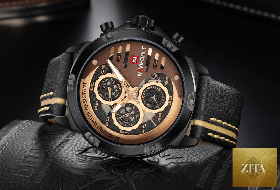 Stevvex men's sports waterproof wristwatch with leather belt, chronometers, multifunction display, and unique modern design.