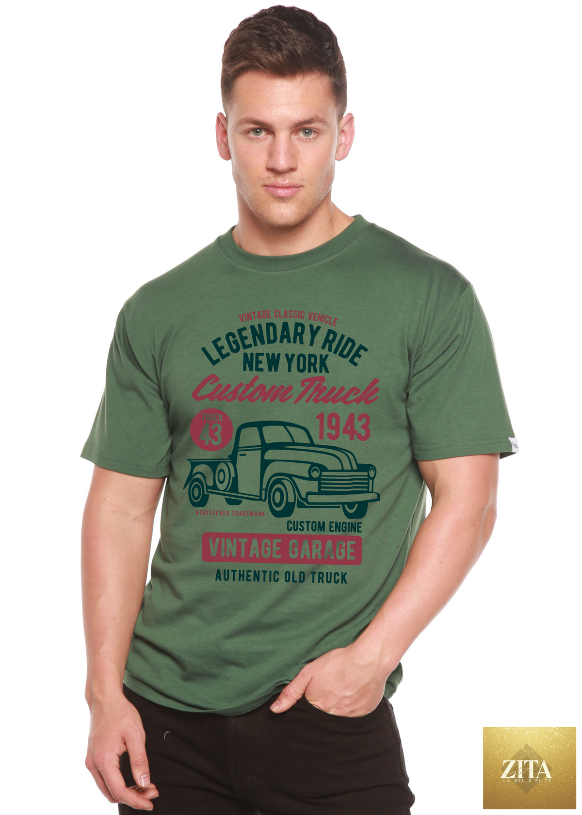 Spun Bamboo Legendary Ride Custom Truck men's bamboo viscose organic cotton graphic T-shirt with truck design and short sleeves.