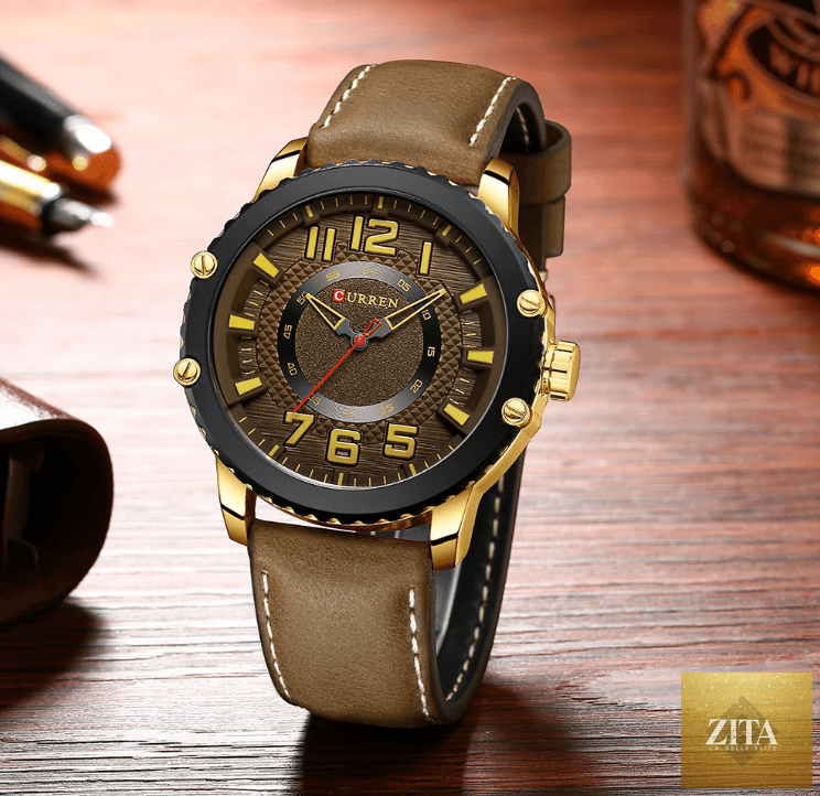 Men's waterproof sport watch by Stevvex with leather strap, large number details, and a unique design suitable for active wear.