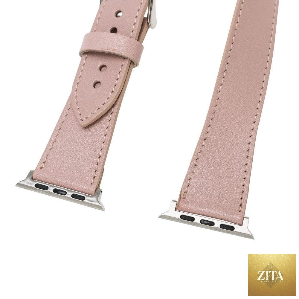 Luxury double wrap pink leather Apple Watch band by LEATHERE, featuring sleek design and secure clasp on a clean background.