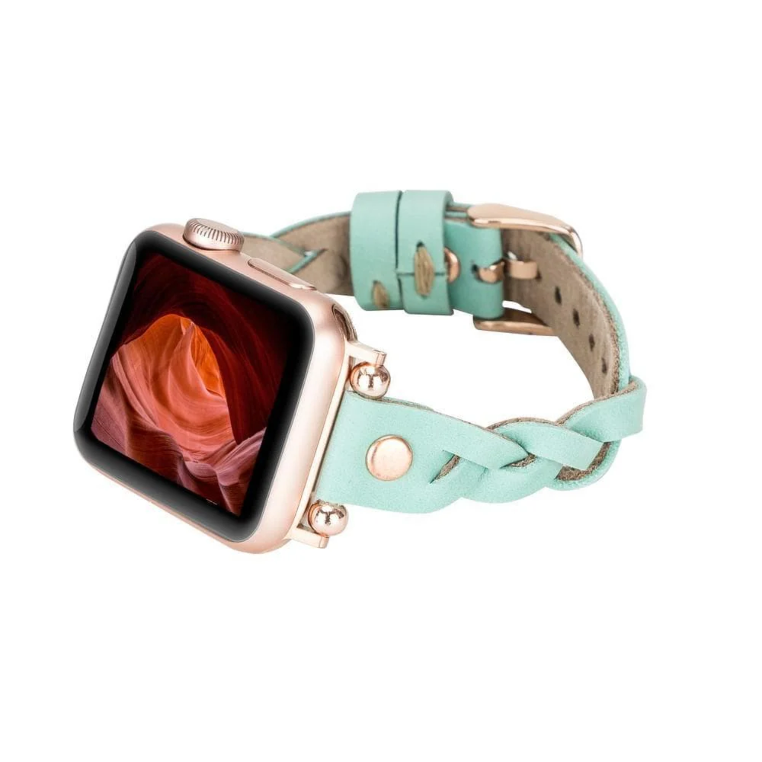 Leather Apple Watch band in mint green with braided design by LEATHERE, designed for stylish comfort and fit.