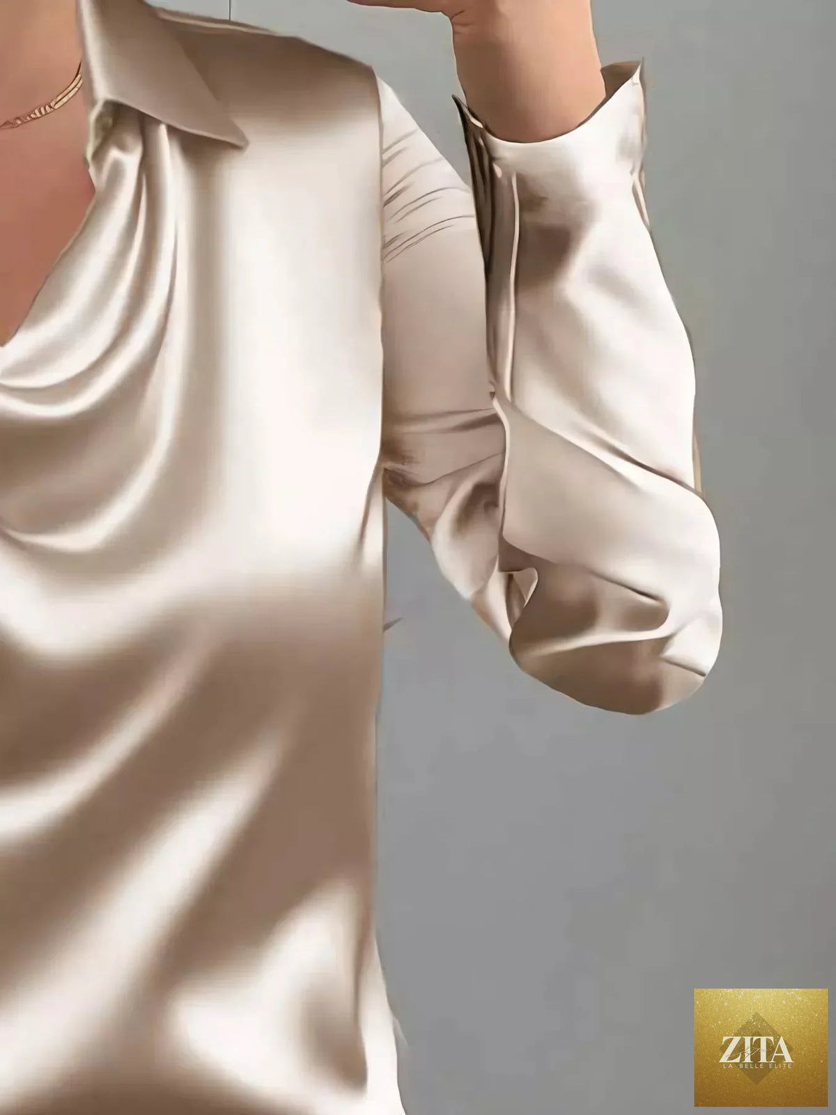 Zita La Belle Elite satin long sleeve blouse with a collared neck, shown in a sleek satin fabric, available in various sizes