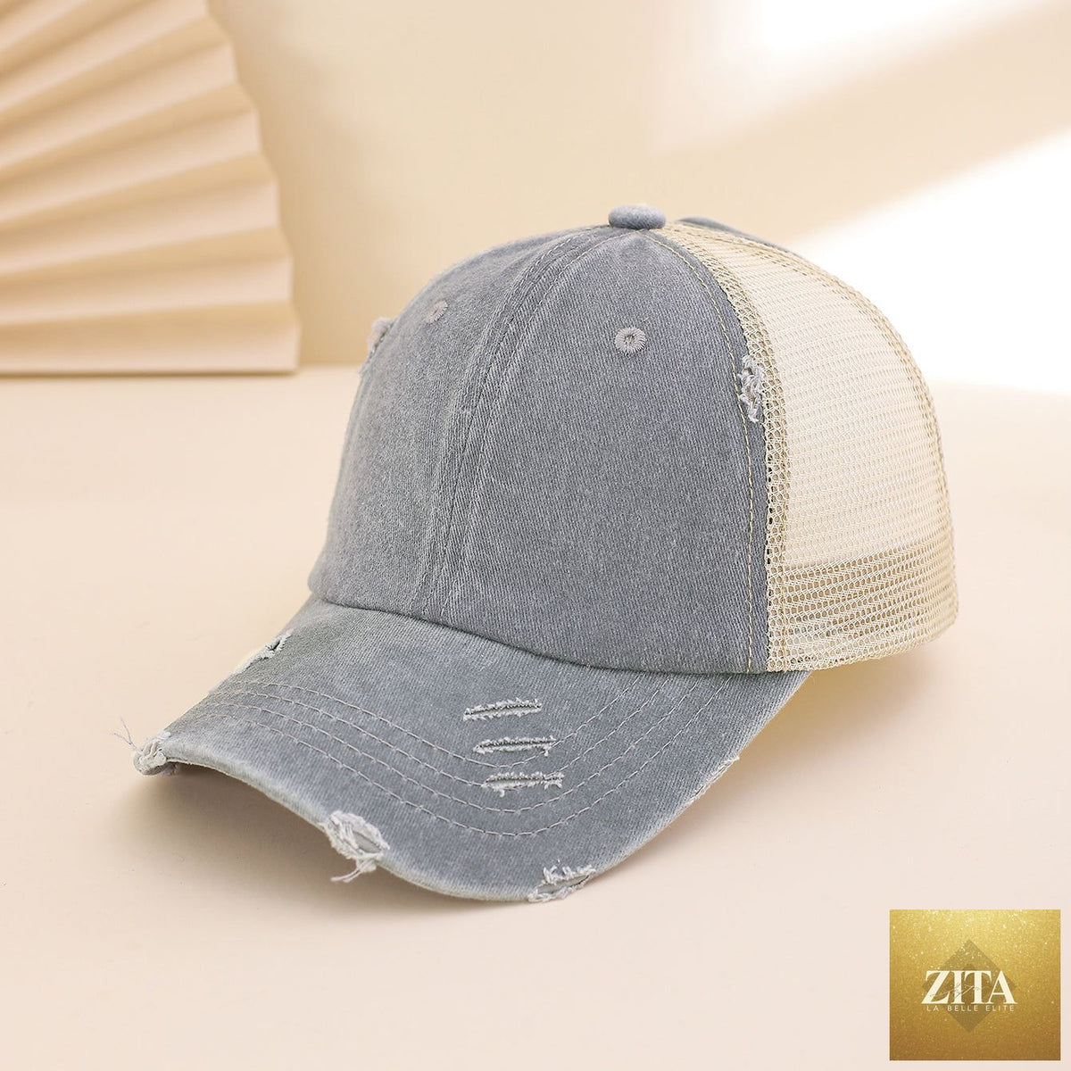 Distressed washed mesh baseball cap by Zita La Belle Elite, a frayed unisex hat suitable for outdoor and daily wear.