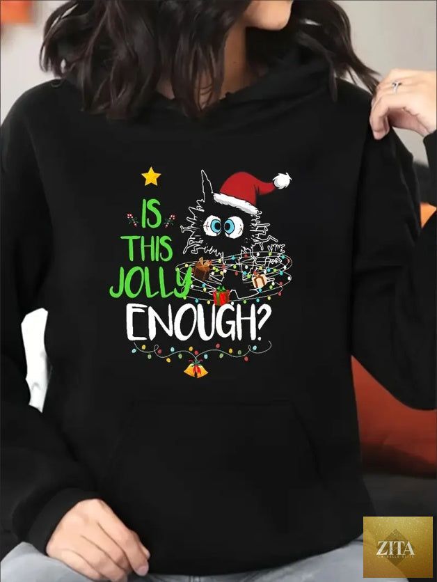 Plus size Christmas cat hoodie by FitiqueFit, featuring festive holiday design, cozy streetwear style, and comfortable fit.