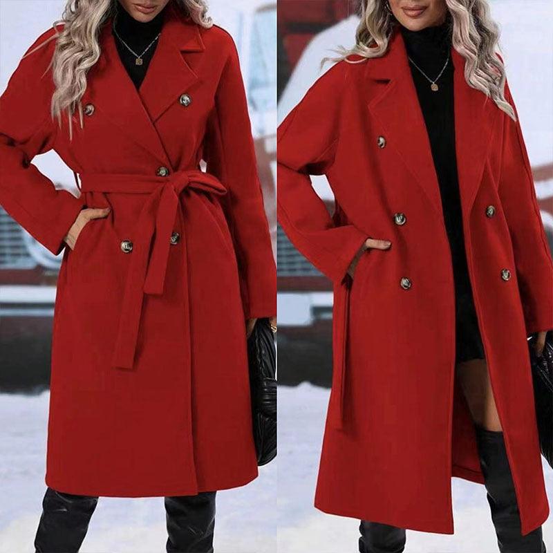 Stevvex women's winter trench coat with notched lapel, double-breasted design, belt, solid color, long wool blend outerwear.