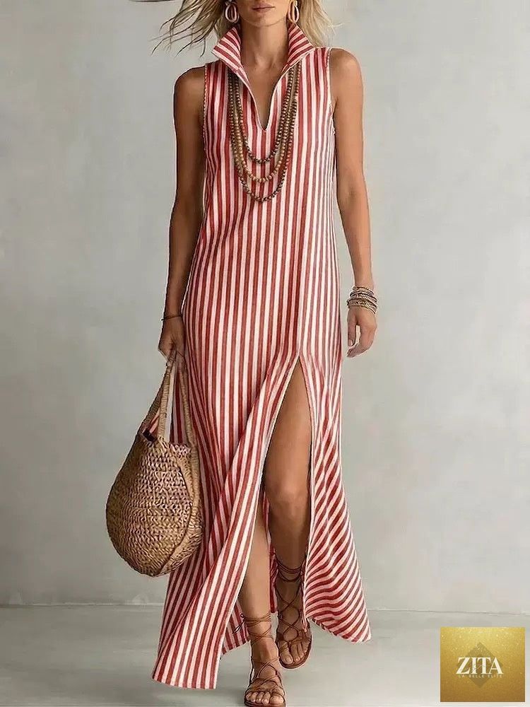 Striped sleeveless maxi dress with stand collar and side slit, casualwear by FitiqueFit, featuring an A-line cami design.