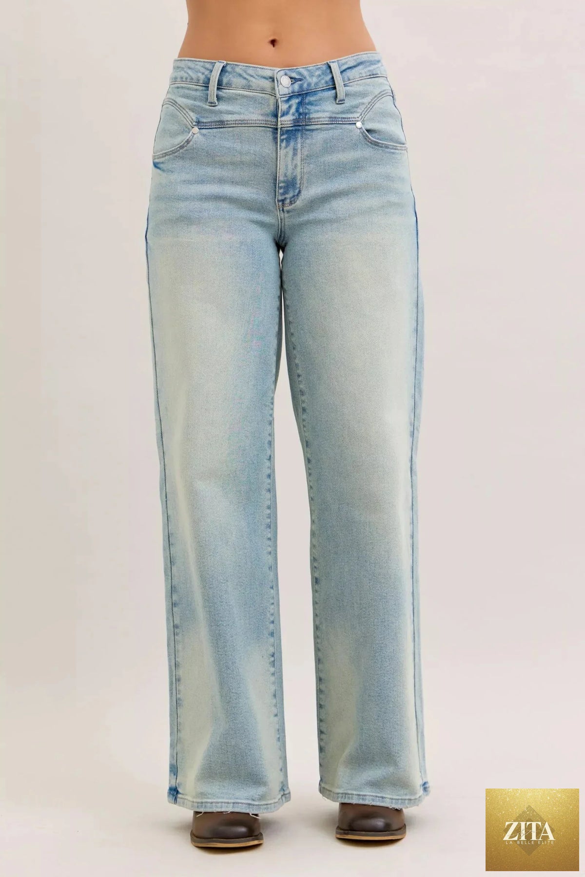 Wild and Free Boutique Judy Blue high waist straight jeans with a column fit, denim fabric, and front pockets.