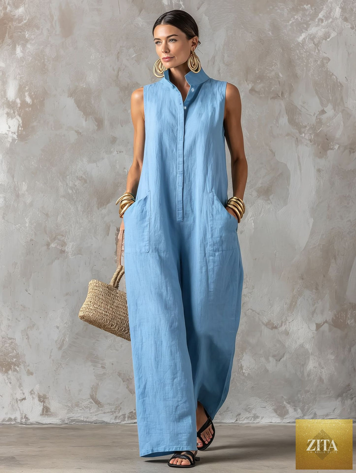 Linen blend sleeveless jumpsuit with stand collar from FitiqueFit in four colors, available in sizes S to 3XL, shown in light beige