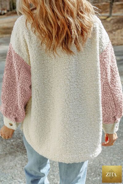 Women Stevvex cute sherpa jacket with button closure, collared neck, and retro style, shown in a cozy, plush fabric.