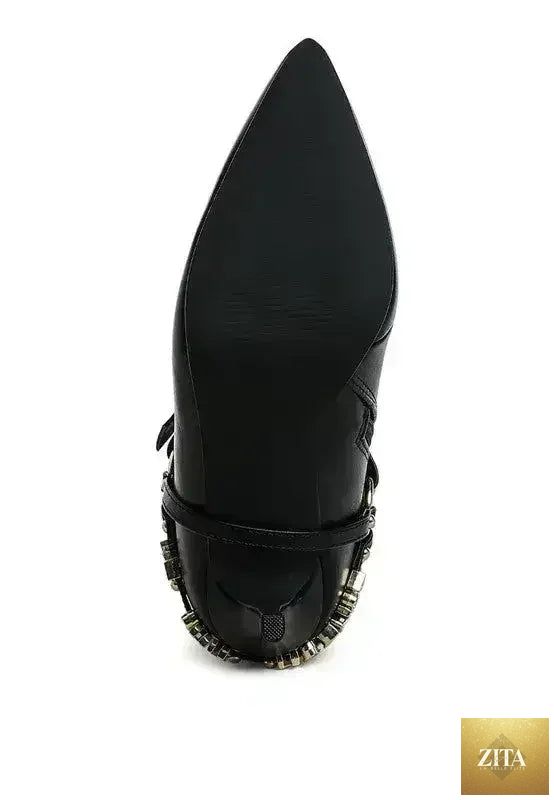 Femstylo buckle harness stiletto boots with 3-inch heels, stylish footwear featuring a bold harness design and pointed toe.