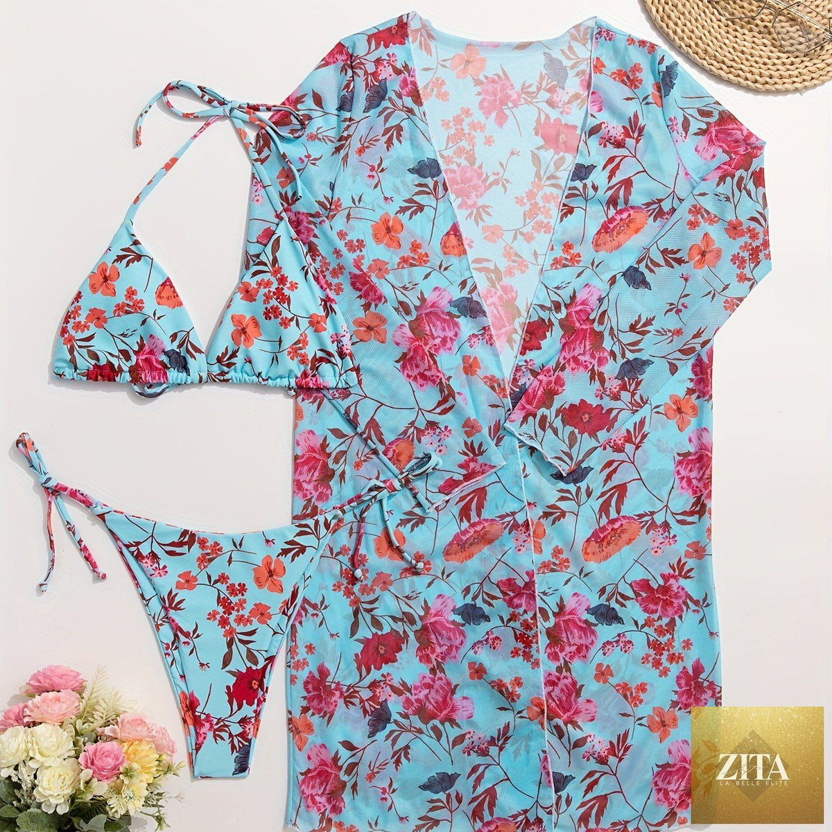Stevvex European style floral print 3-piece bikini set with V-neck, cross straps, and matching long sleeve cover-up for women.