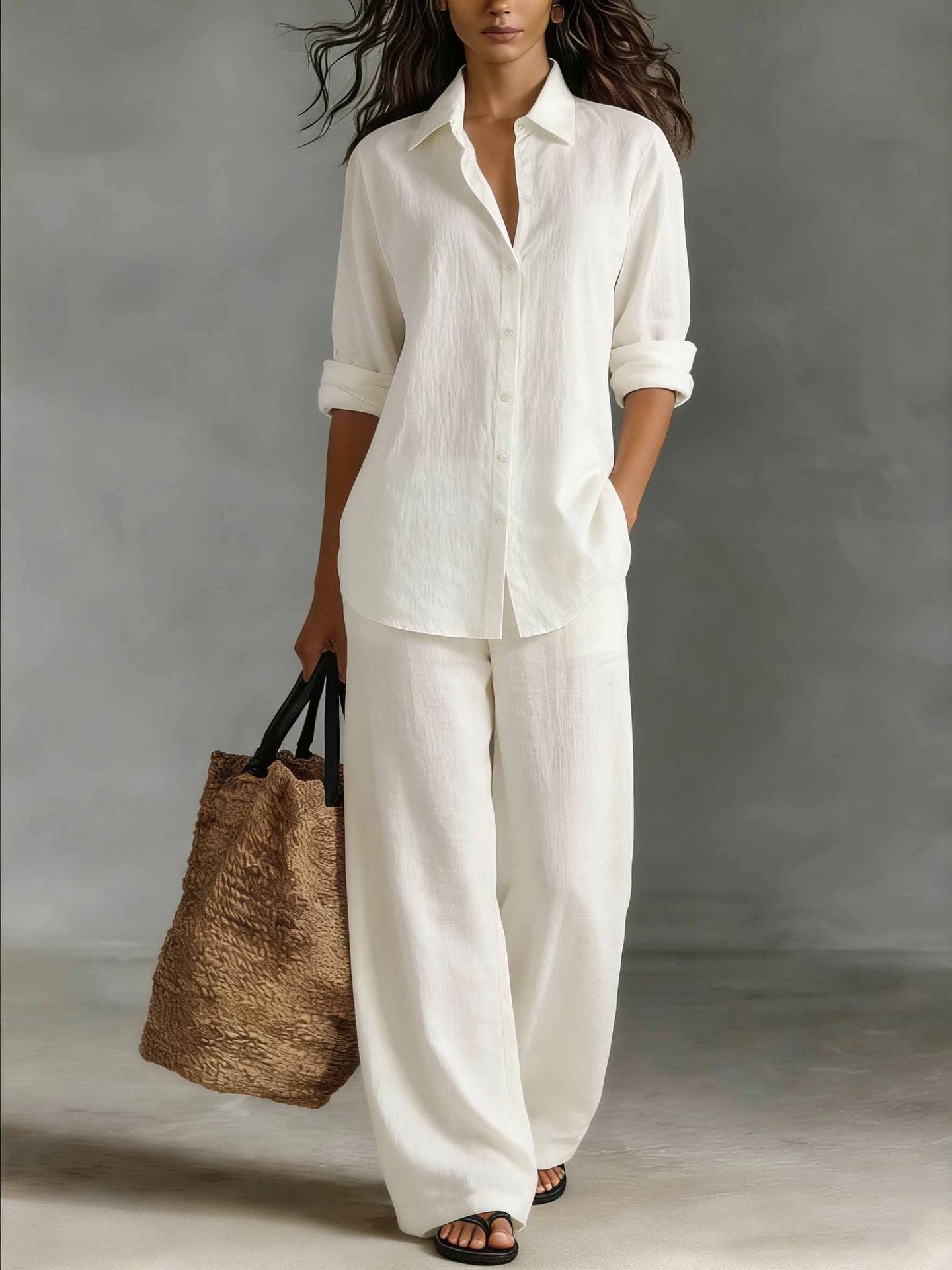 Women's bohemian cotton-linen top and pants set by FitiqueFit, casual resort lounge co-ord, lightweight and stylish ensemble.