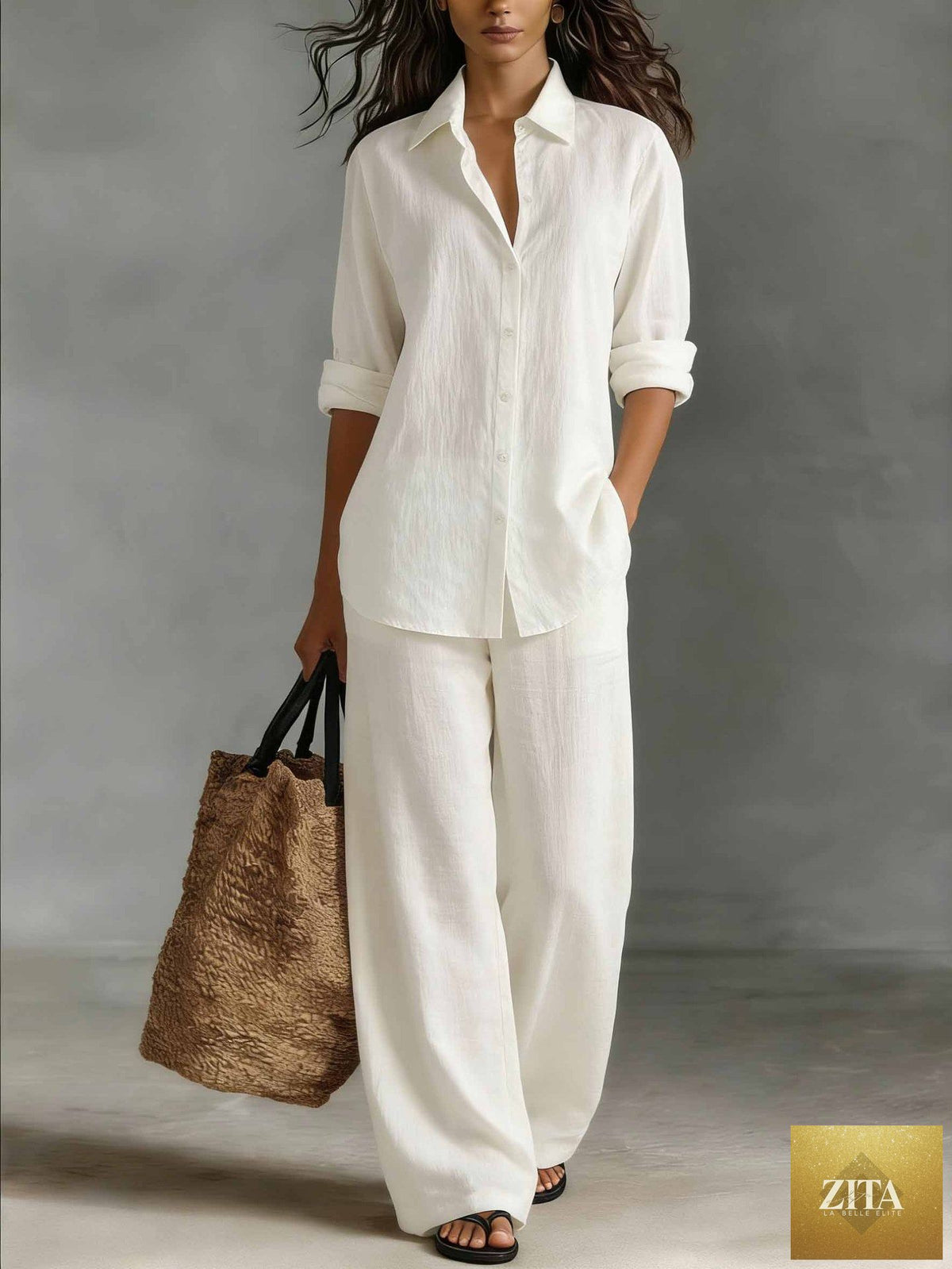 Zita La Belle Elite women's bohemian cotton-linen top and pants co-ord set, casual resort lounge wear, light and breathable fabric.
