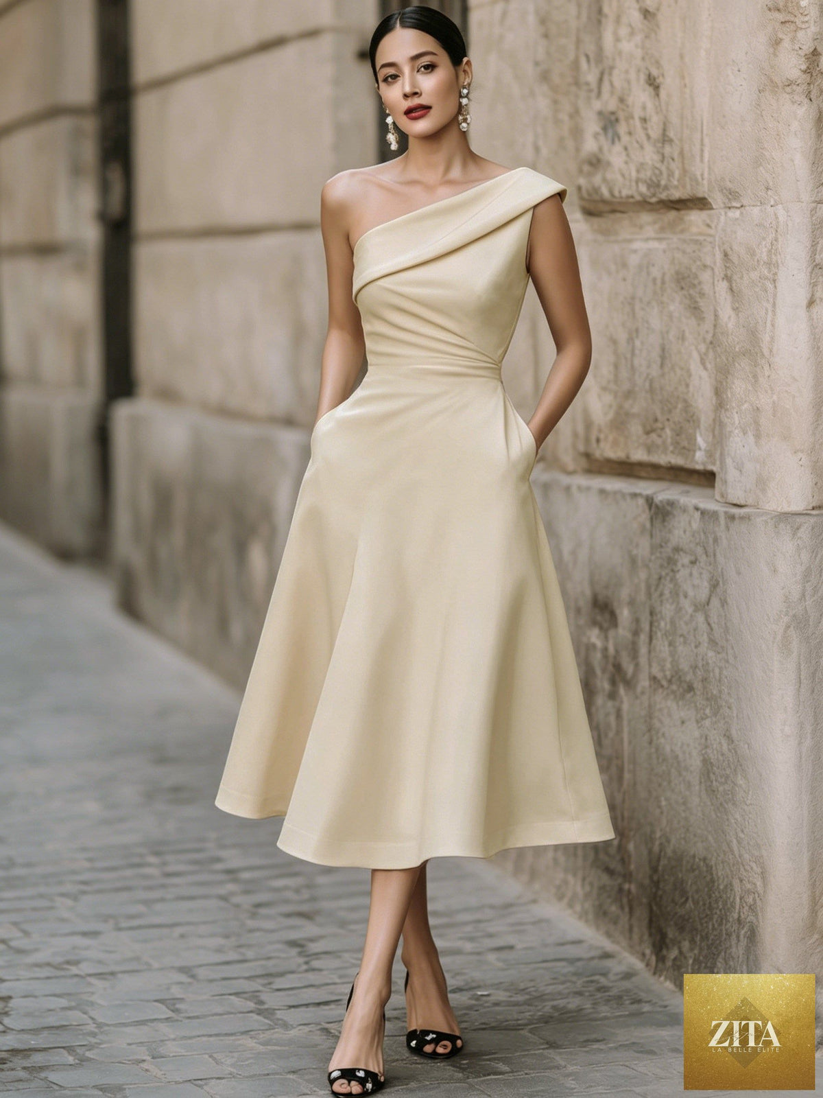 Women's off-shoulder swing dress by FitiqueFit, solid color flowy midi dress with a relaxed, feminine silhouette.