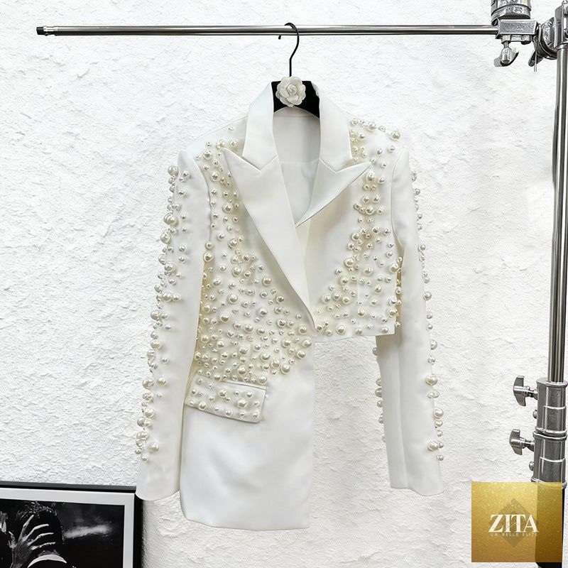 Zita La Belle Elite women's beaded blazer and skirt set featuring a deep V-neck and heavy embellishments, stylish and elegant outfit.