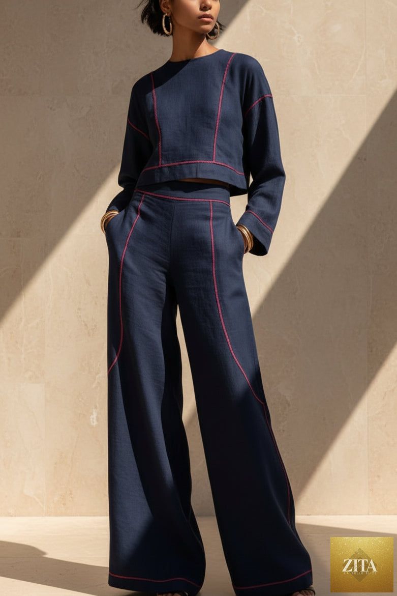 Women's Cropped Long-Sleeve Top & Ultra-Wide Palazzo Pants Set