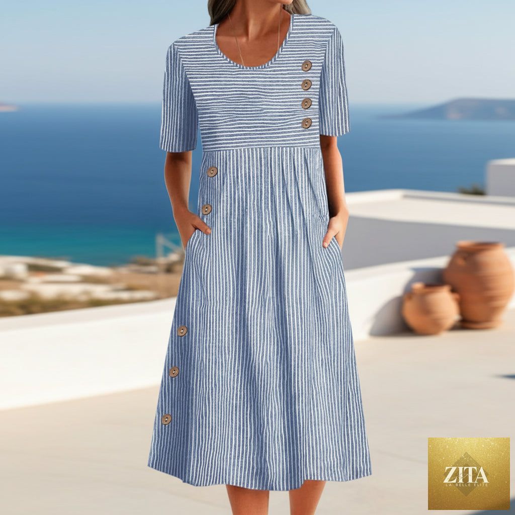 Zita La Belle Elite button-down swing maxi dress with short sleeves, pockets, and a relaxed, long pullover style.