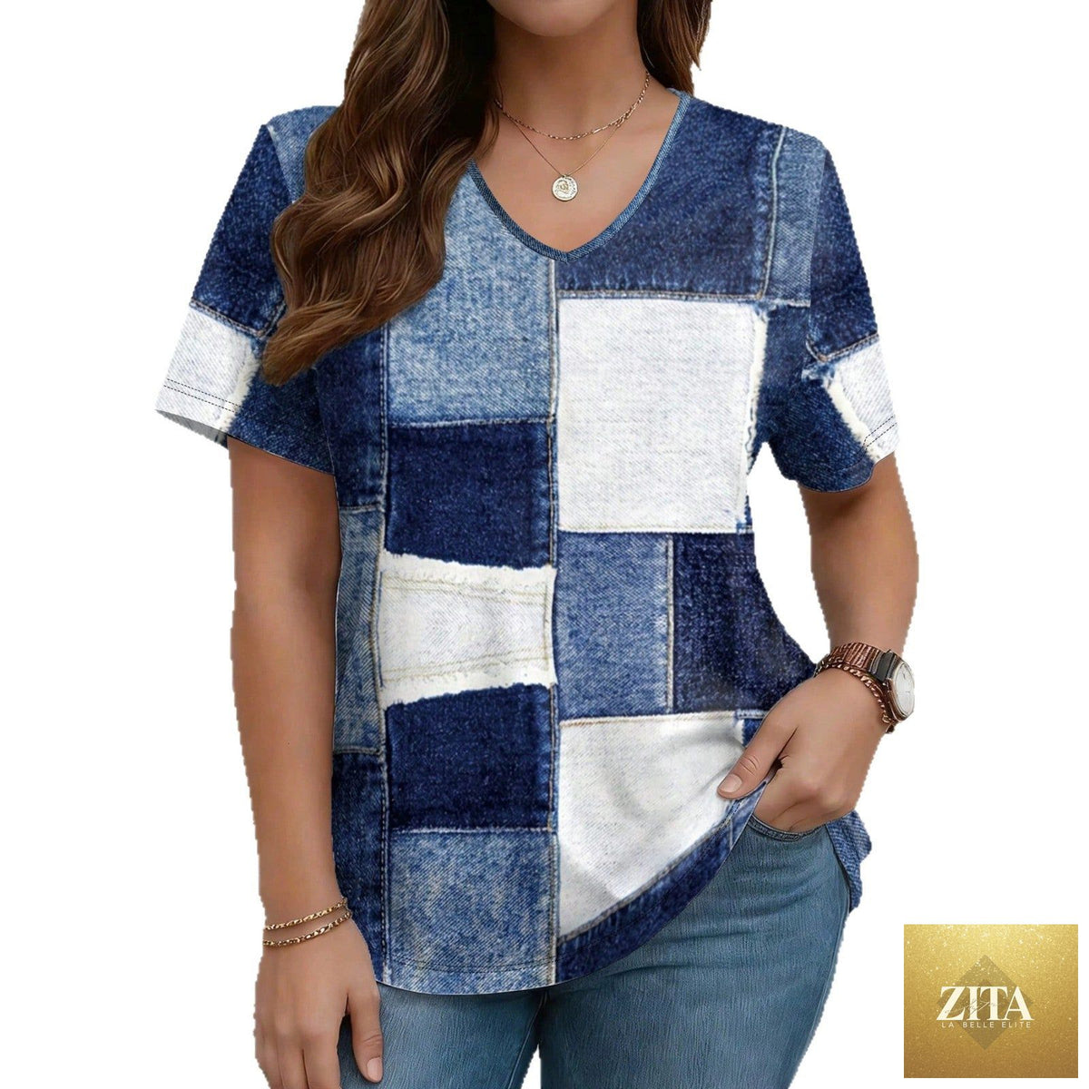 Zita La Belle Elite V-neck denim print short sleeve casual T-shirt with loose fit, stylish and comfortable for everyday wear.