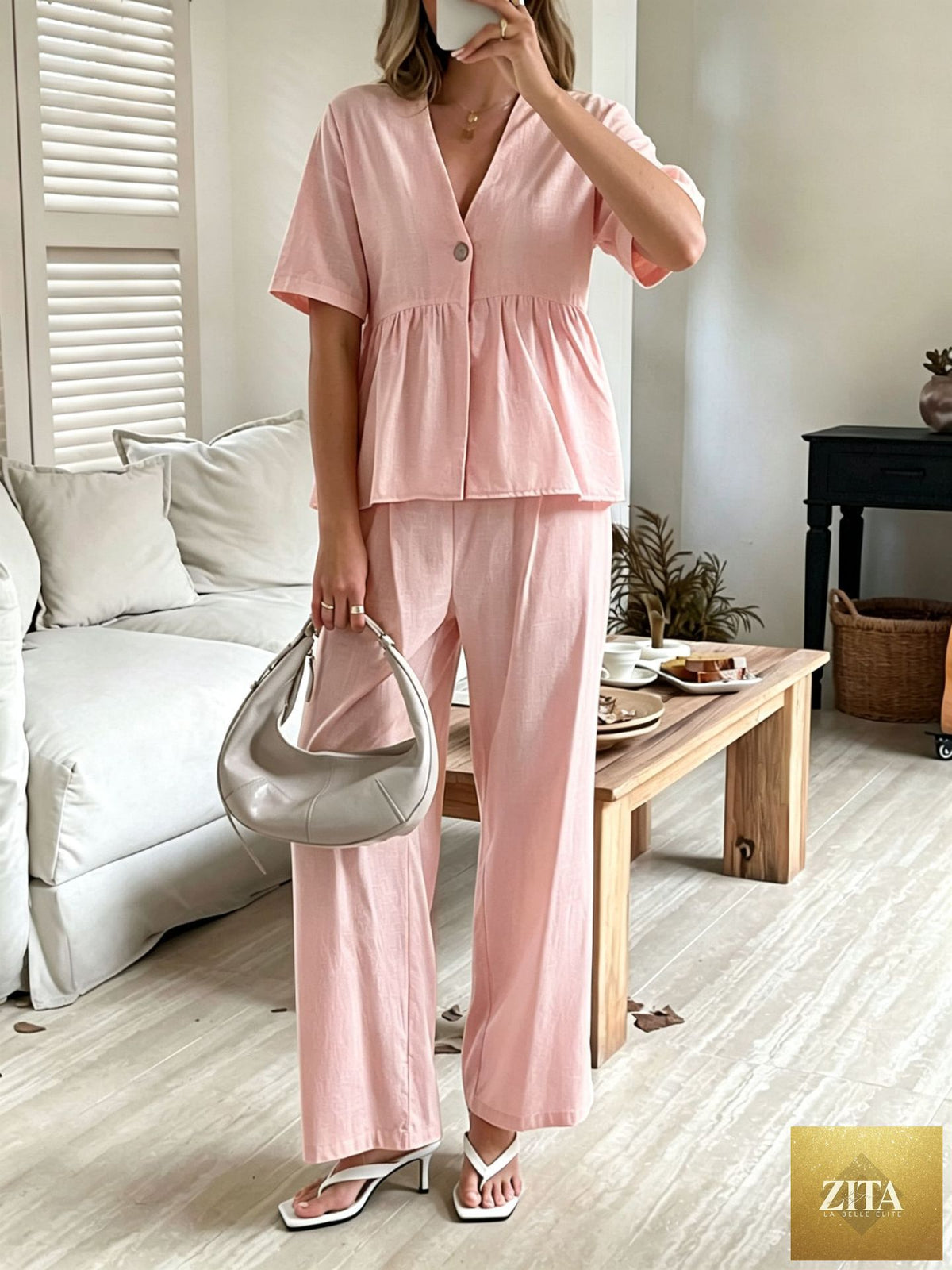 Zita La Belle Elite women's casual V-neck loose short-sleeve top and wide-leg pants set, stylish and comfortable for everyday wear.