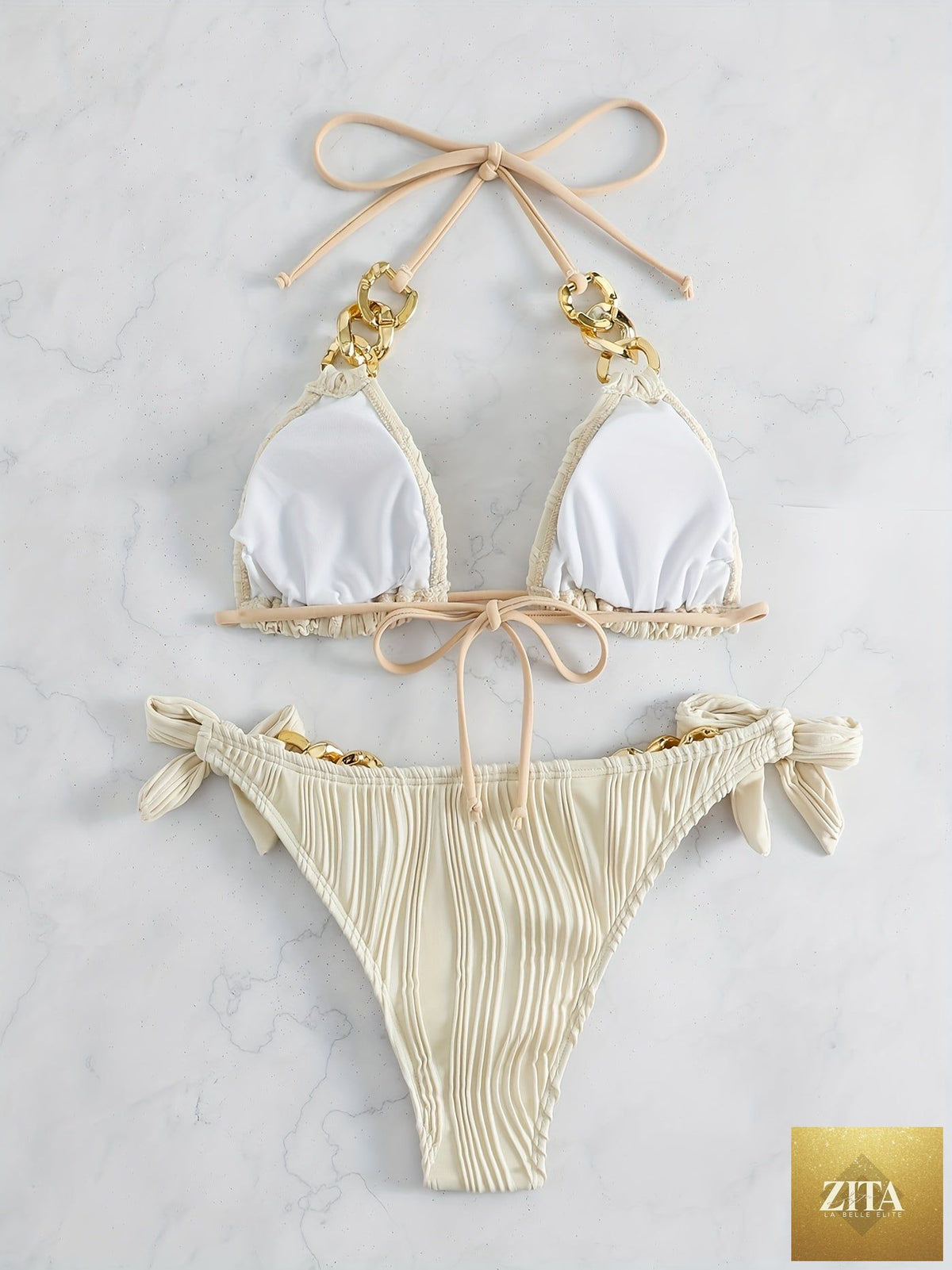 Stevvex striped halter bikini set with ruched texture, gold chain, bow tie sides, and ring link detail for women’s summer beachwear.