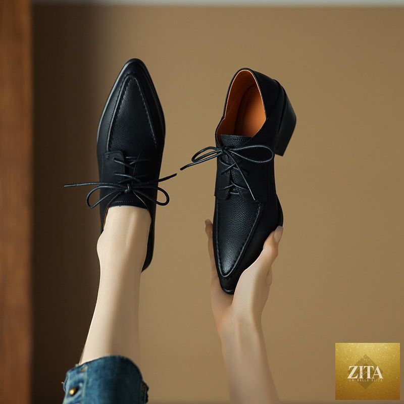 Women's retro strap chunky heel pointed-toe shoes by FitiqueFit, featuring a stylish design and comfortable heel height.
