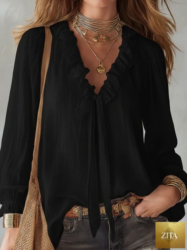 Zita La Belle Elite V-neck loose-fit casual shirt top in no-iron fabric, available in four colors.