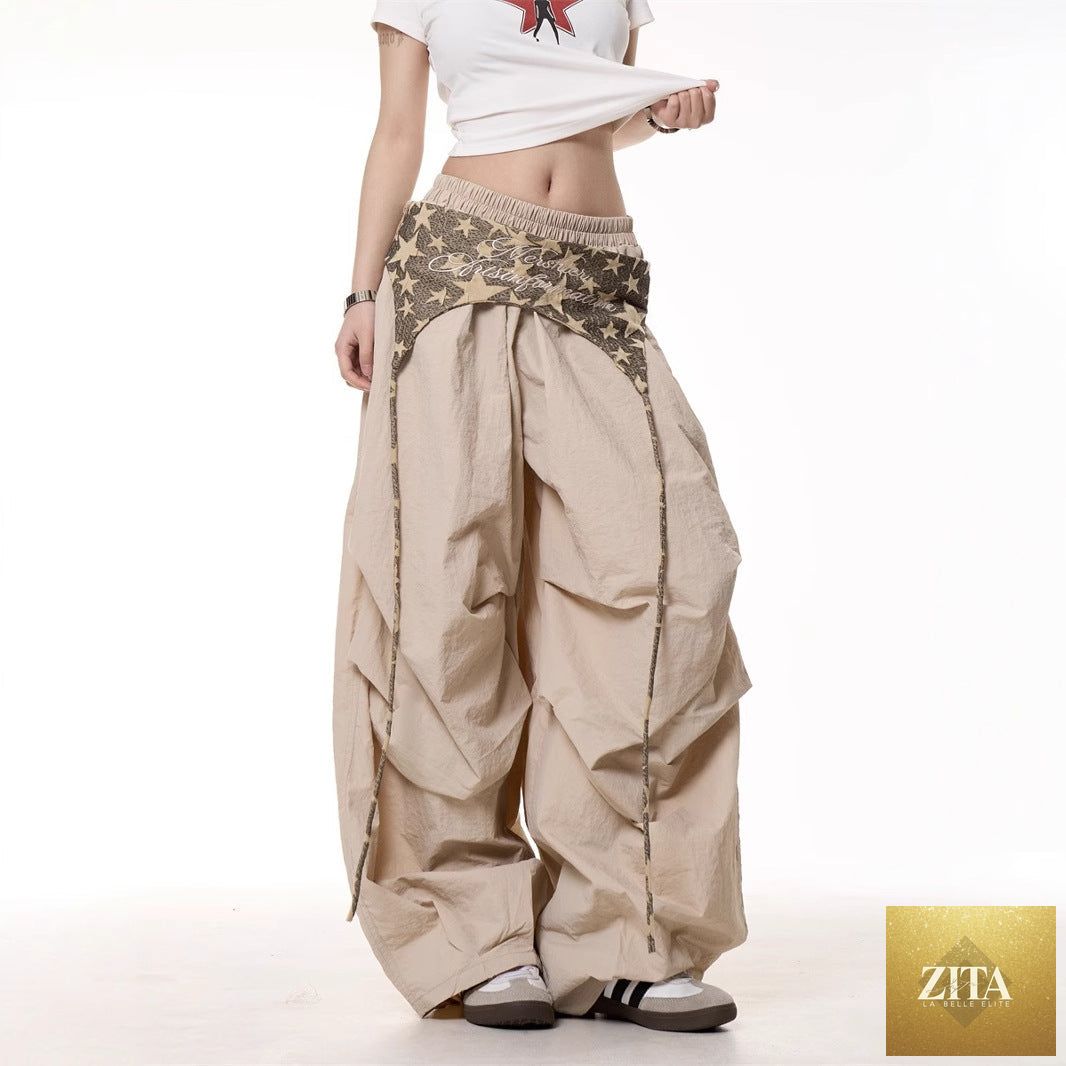 Women's relaxed casual American-style layered cargo pants with tie details, featuring a comfortable fit and functional pockets.