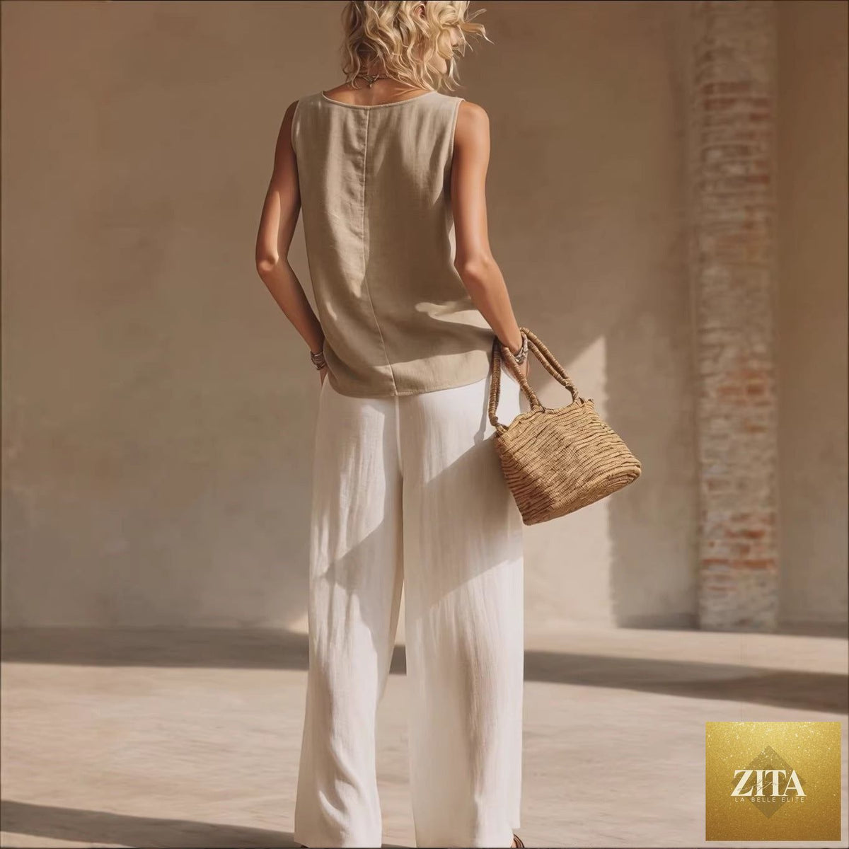 Zita La Belle Elite women's casual sleeveless cardigan, front-button top, and long pants set on a model.