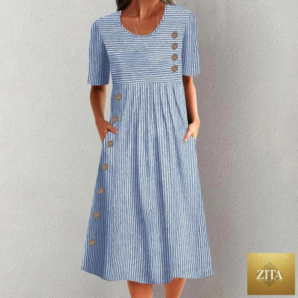 Zita La Belle Elite button-down swing maxi dress with short sleeves, pocket, and pullover style, flowing long dress for casual wear