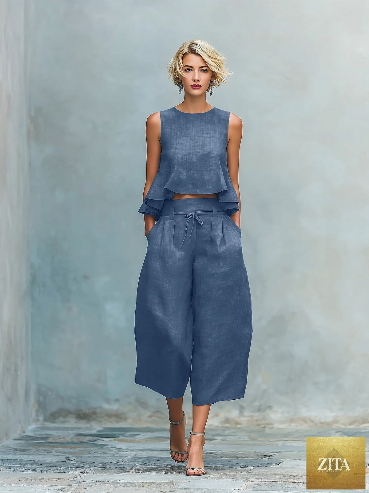 Women’s linen-blend sleeveless two-piece casual set with ruffled detailing by Zita La Belle Elite, featuring a stylish, relaxed fit.