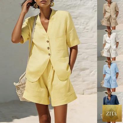 Women's cotton-linen casual two-piece set with loose-fit T-shirt and cropped shorts by Zita La Belle Elite, perfect for comfortable summer wear.