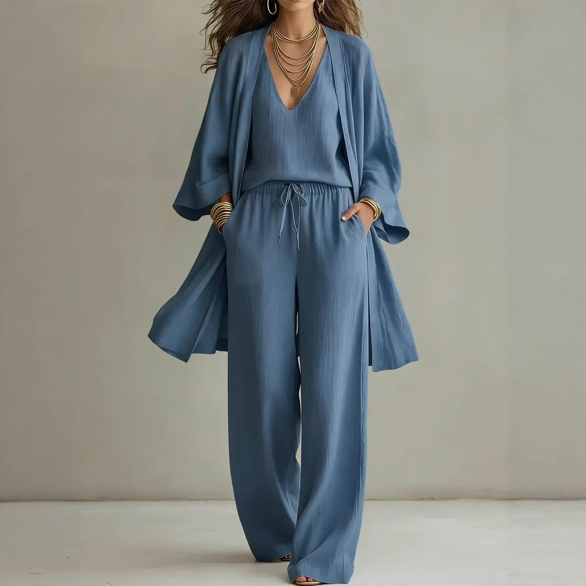 Casual women's fitiqueFit V-neck cardigan coat, pocket vest, and long pants three-piece set, stylish and comfortable for everyday wear.