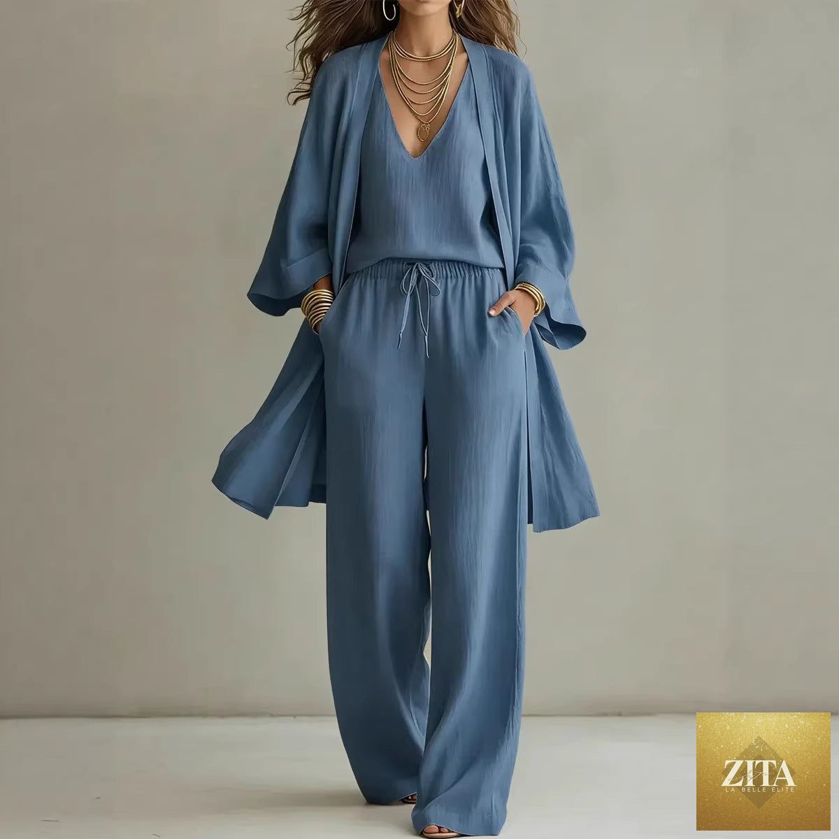 Zita La Belle Elite women's casual three-piece set with v-neck cardigan coat, pocket vest, and long pants, styled for comfort.