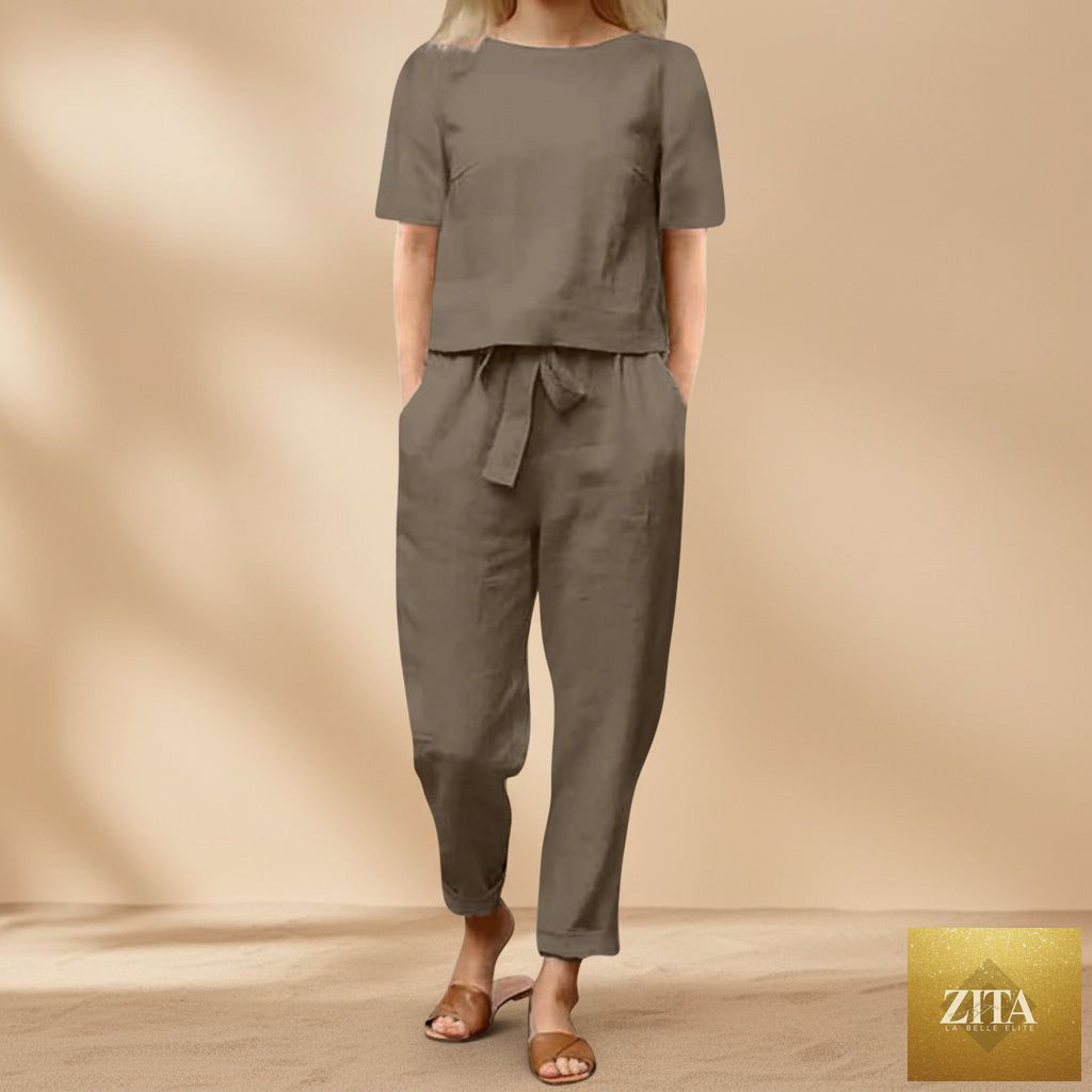 Zita La Belle Elite wide-leg pants and matching solid color casual lounge top in a two-piece set, relaxed fit for comfortable style.